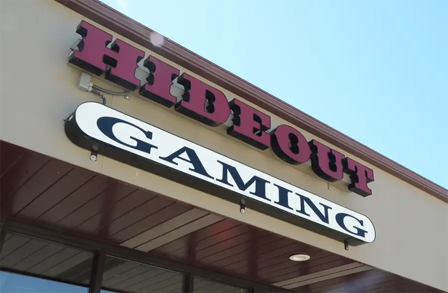 Abe's Hideout local restaurant and tavern - Springfield, IL location exterior - game room, hideout gaming